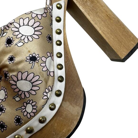 Miu Miu Daisy Floral Platform Clogs Wood Heel Satin Studded Mules Size EU 37.5 - Picture 12 of 12